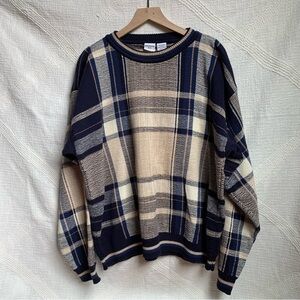 Whitefish Bay 100% Cotton Blue White Cream Plaid Pullover Sweater EUC Size L